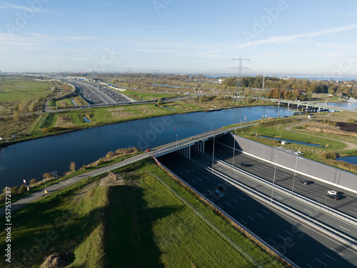 The Aqueduct Vechtzicht near Muiden, A1 motrway highway, dutch infrastructure. Widest aqueduct in Europe. The Netherlands.