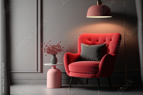 Fototapeta Red armchair between pink lamp and table in grey living room interior with copy space