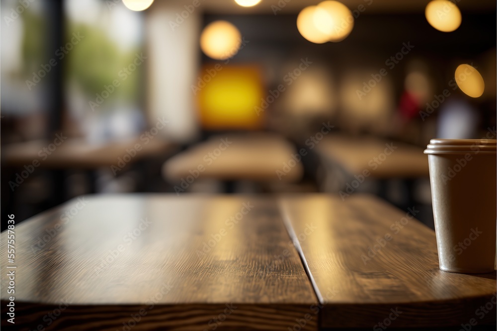 Selected focus empty brown wooden table and Coffee shop or restaurent blur background with bokeh image. for your photomontage or product display. Generative AI Selected focus empty brown wooden table and Coffee shop or restaurent blur background with bokeh image. for your photomontage or product display. Generative AI