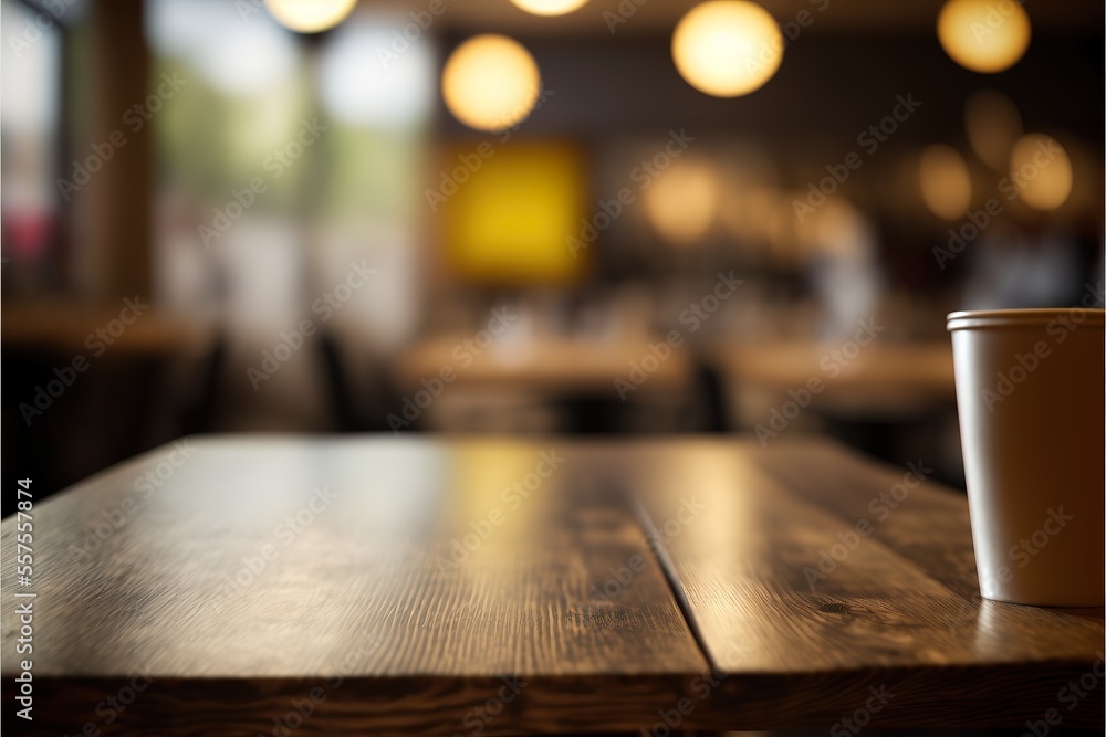 Selected focus empty brown wooden table and Coffee shop or restaurent blur background with bokeh image. for your photomontage or product display. Generative AI