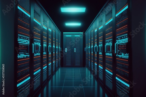 Server internet datacenter room, network, technology concept background, Data center is server control center for internet provider. Generative AI