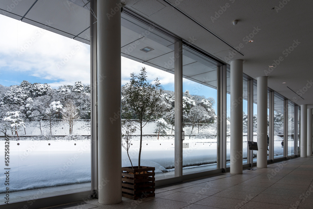Inuhi 冬の金沢・しいのき迎賓館から眺める雪が積もった金沢城公園の本丸園地 ภาพถ่ายสต็อก | Adobe Stock