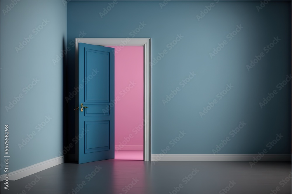 Front view of a empty room with blue wall, gray wood floor a pink table and a white door. Generative AI