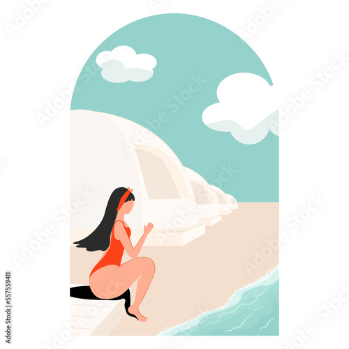 


girl in swimsuit sits in profile on the beach by the sea against the background of the geodome