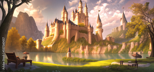 Fantastic Landscape. A castle on a hill by a lake. The mountains on the horizon. Wallpaper. Illustration of a fairy tale.