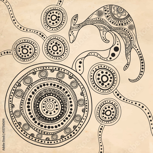 Grey aboriginal dot art design with kangaroo