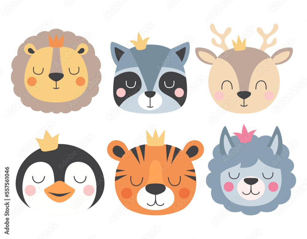 set with cartoon head of animals, print for kids set with cartoon head of animals, print for kids
