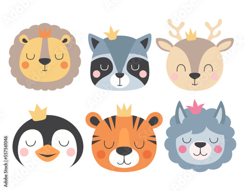 set with cartoon head of animals, print for kids