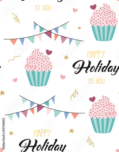 seamless pattern of cute cartoon cupcake and flags