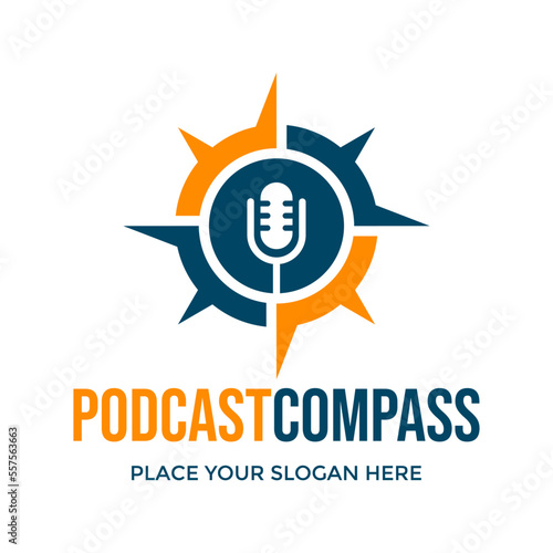 Podcast compass vector logo template. This design use microphone and compass symbol. Suitable for technology, business, entertainment