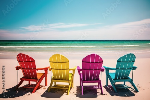 Four Colorful Wooden Chairs On Nice Sand Beach With Sea And Sky View Copyscape Generative AI