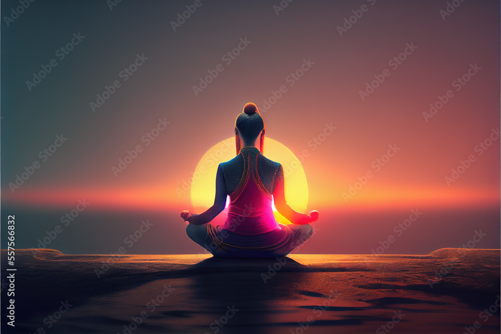In the tranquility of dusk, a figure finds harmony in yoga meditation, a beacon of mental health and stress relief against a backdrop of serene sunset hues. generative ai     