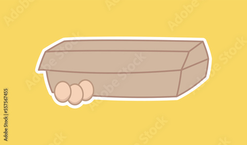 Presentation of fresh eggs in large brown pack on yellow background 