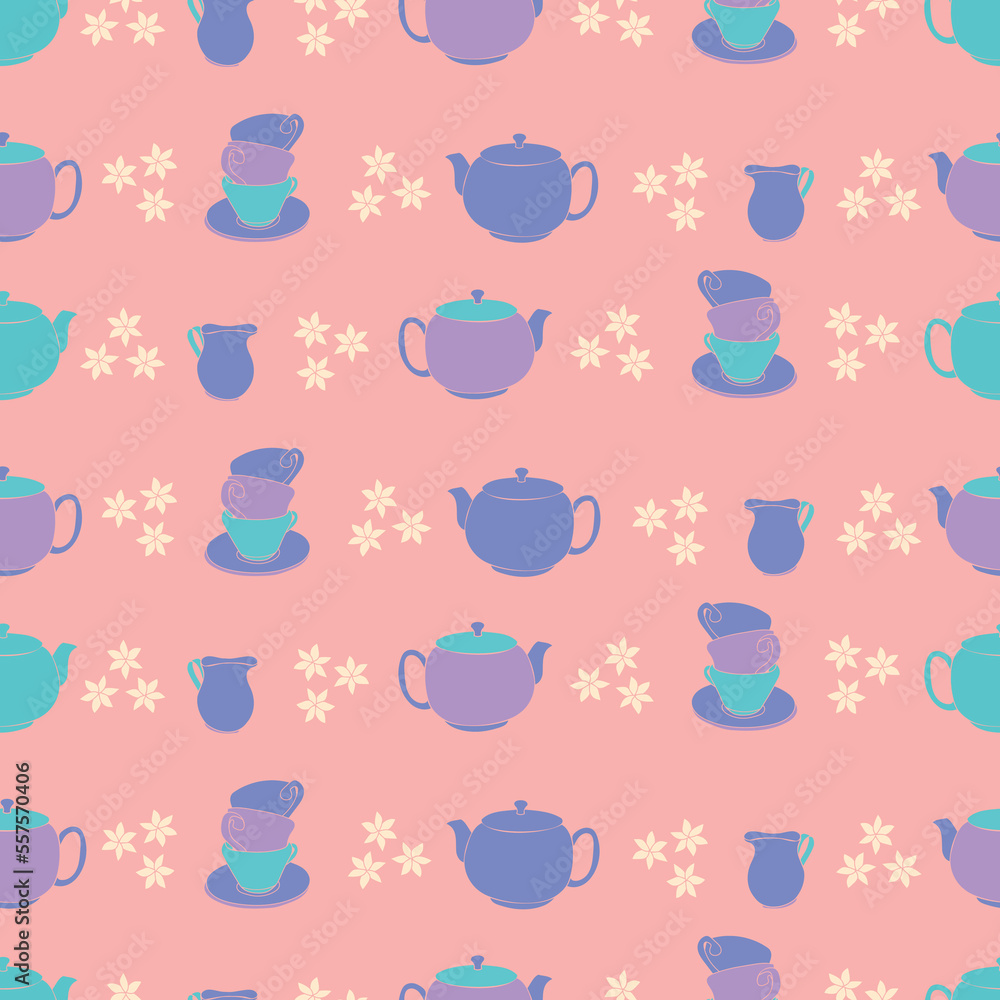 Vector tea party seamless pattern, with tea pots, tea cups and milk jugs, perfect for fabric, decoration, wallpaper and card design Vector tea party seamless pattern, with tea pots, tea cups and milk jugs, perfect for fabric, decoration, wallpaper and card design