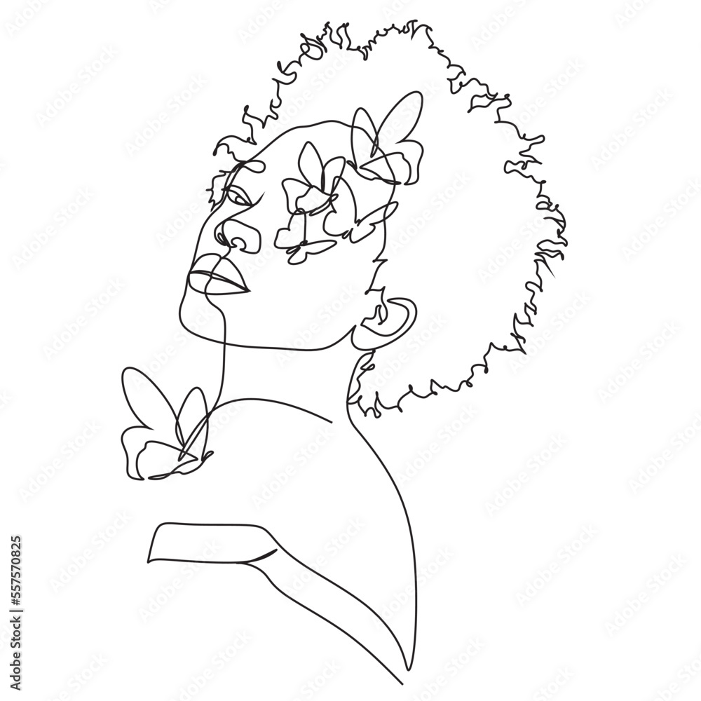 Line Art Woman Face Drawing. Black Woman Vector. Afro American Female Logo. Woman face with butterfly and flowers. Contouring Line. Minimalist Face. Beauty salon logo. Line Art Woman Face Drawing. Black Woman Vector. Afro American Female Logo. Woman face with butterfly and flowers. Contouring Line. Minimalist Face. Beauty salon logo.