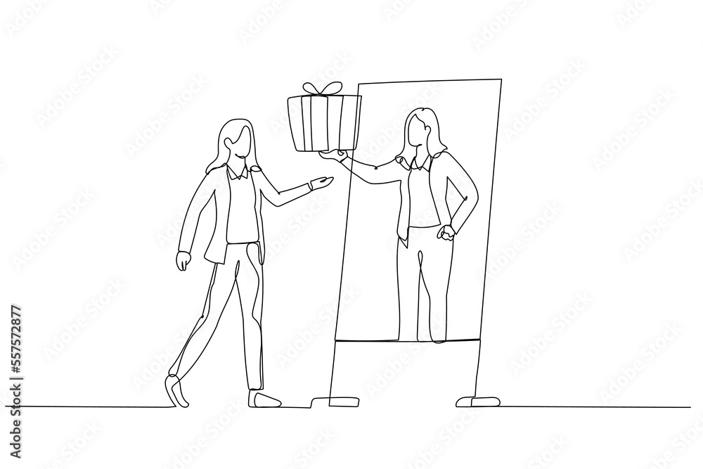 Drawing of business woman giving reward to self when achieving goal celebrate victory. Continuous line art
