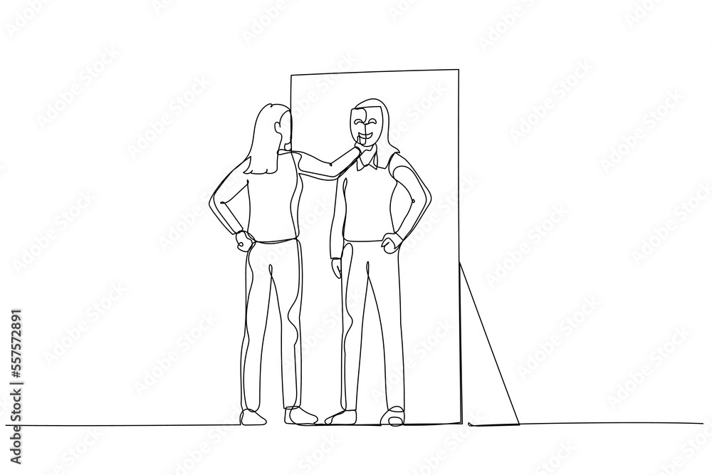 Illustration of business woman putting mask into self reflection concept of impostor syndrome. Continuous line art style