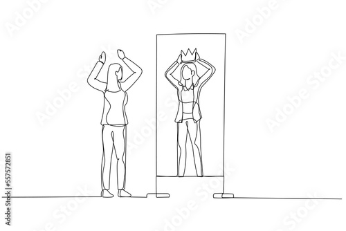 Cartoon of business woman looking into better self putting crown in head. One line art style