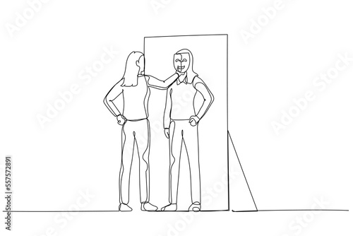 Illustration of business woman putting mask into self reflection concept of impostor syndrome. Continuous line art style