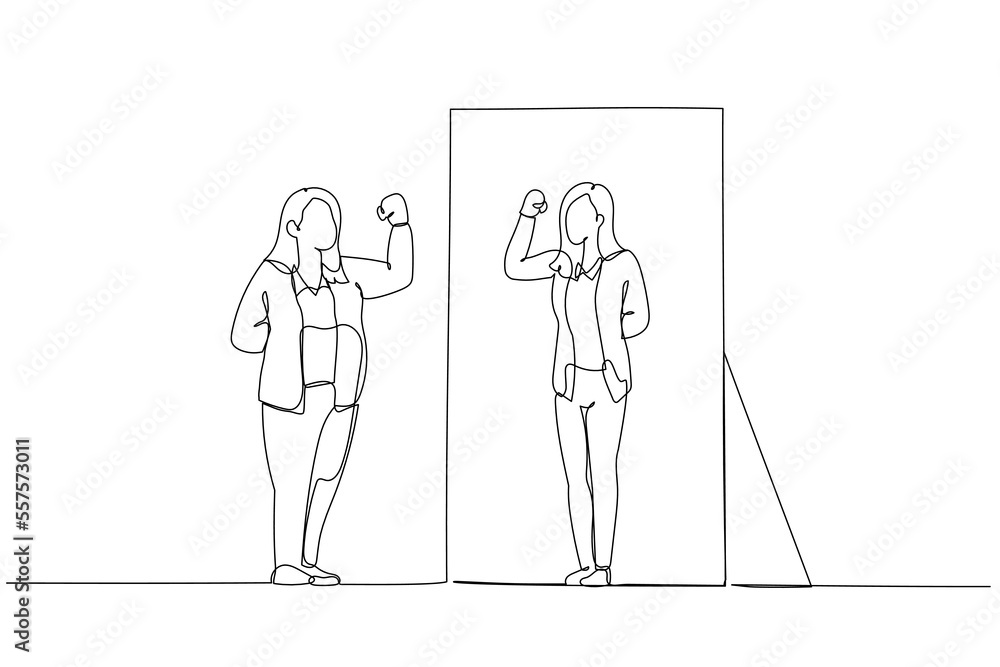 Cartoon of fat business woman looking into mirror seeing fit lean healthy version. Single line art style Cartoon of fat business woman looking into mirror seeing fit lean healthy version. Single line art style
