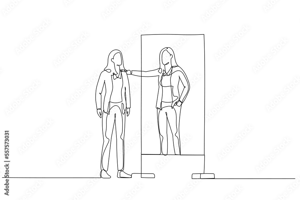 Drawing of business woman looking into mirror embrace self concept of self esteem self care. One line art style