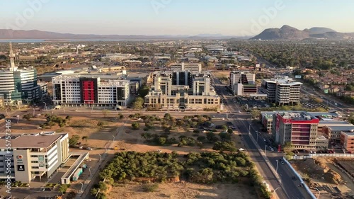 Gaborone Botswana aerial view of the city's central business district at sunset photo