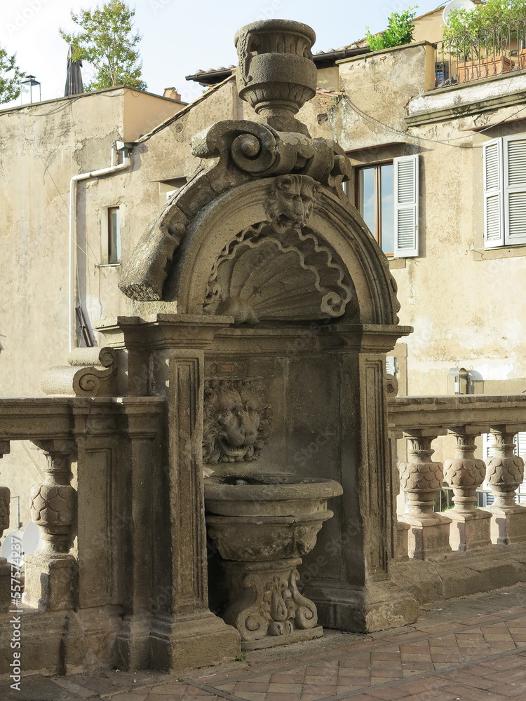 Viterbo Town Hall Courtyard Sculpted Fountain Close Up, Italy