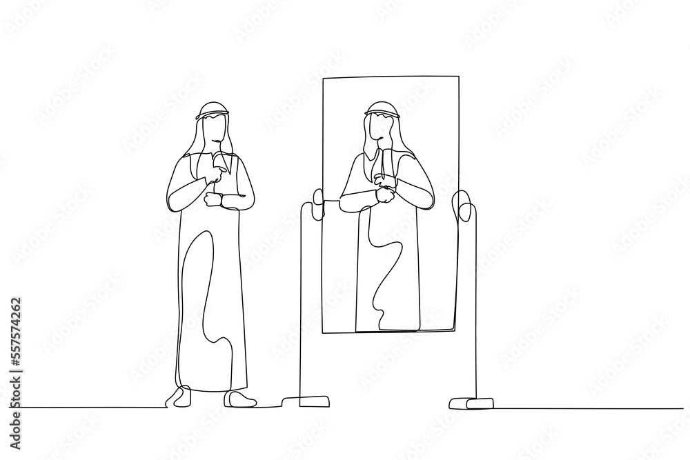 Cartoon of arab man getting ready to work looking into mirror. Continuous line art style