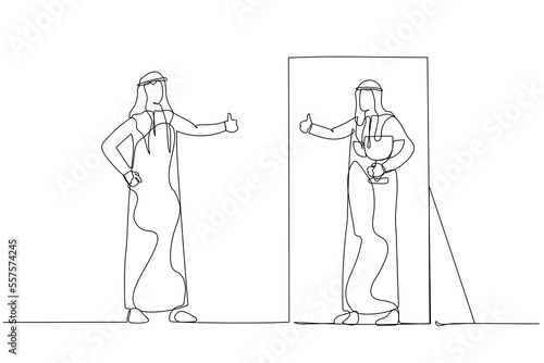 Illustration of arab man looking into mirror self giving thumb up concept of self love. One line style art