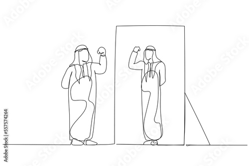 Illustration of fat arab man looking into mirror seeing fit lean healthy version. One continuous line art style