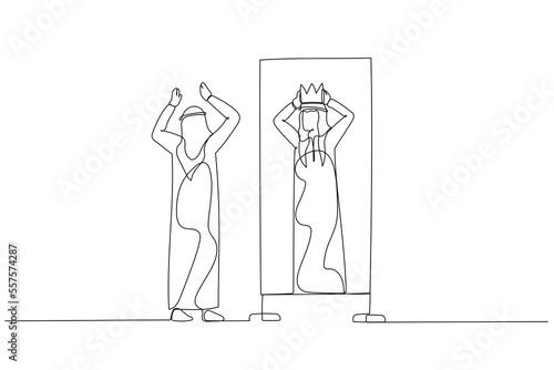 Drawing of arab man looking into better self putting crown in head. Single continuous line art style