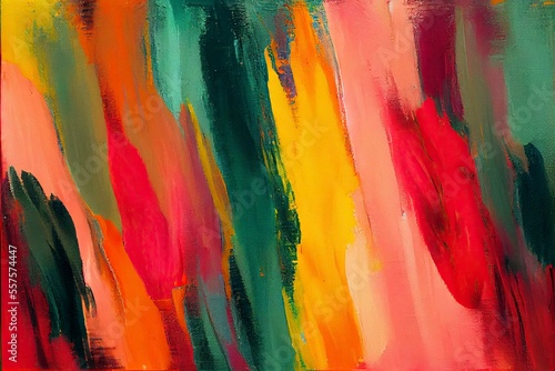 Abstract Fragments of Color and Texture: Dive into a world of color and texture with this vibrant oil painting. A mosaic of burnt orange, yellow, pink, pine green, and red comes together.