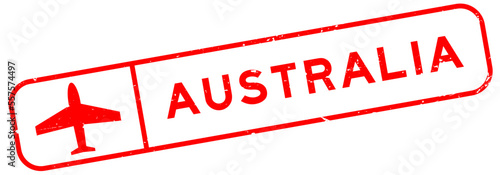Grunge red australia word with plane icon square rubber seal stamp on white background