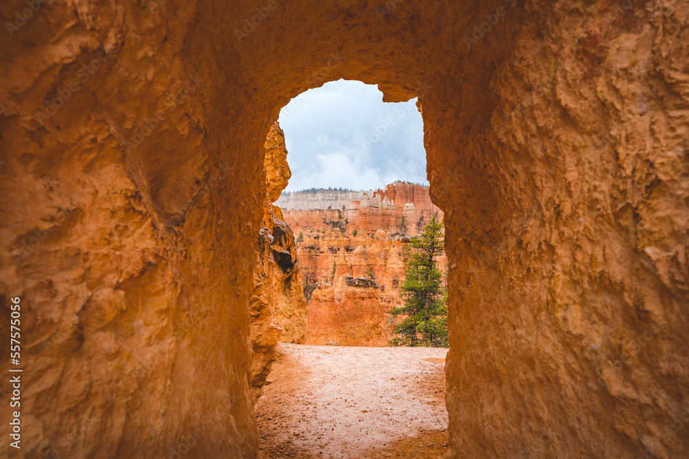 hiking trail through sandstone tunnel at bryce canyon