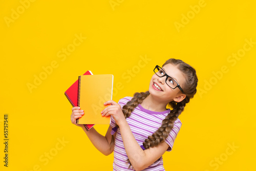 A beautiful girl loves to study and attend school. Primary school education.
