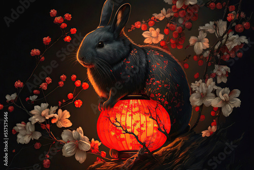 Black rabbit on a red Chinese lantern, dark background with flowers, oriental painting style, Generative AI
