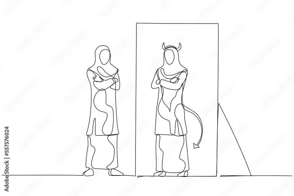 Illustration of woman wear hijab looking into inner demon devil concept of double personality. Continuous line art