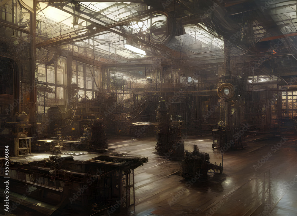 the Interior of an old press works with large printing press any typesetting desk and equipment from a bygone industrial era. generative ai illustration.