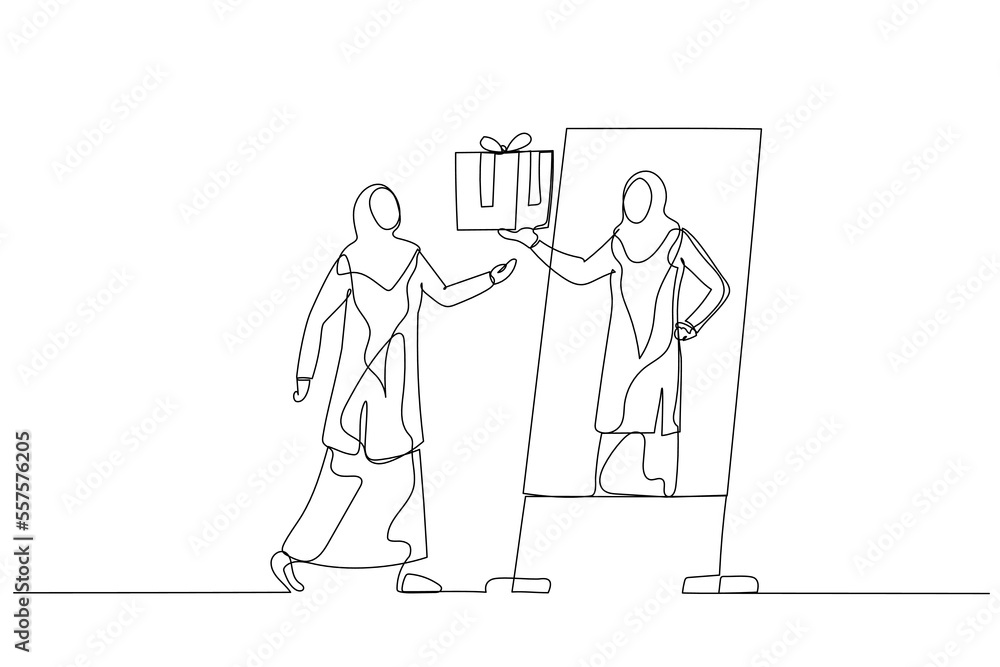 Cartoon of woman wear hijab giving reward to self when achieving goal celebrate victory. One line art style Cartoon of woman wear hijab giving reward to self when achieving goal celebrate victory. One line art style