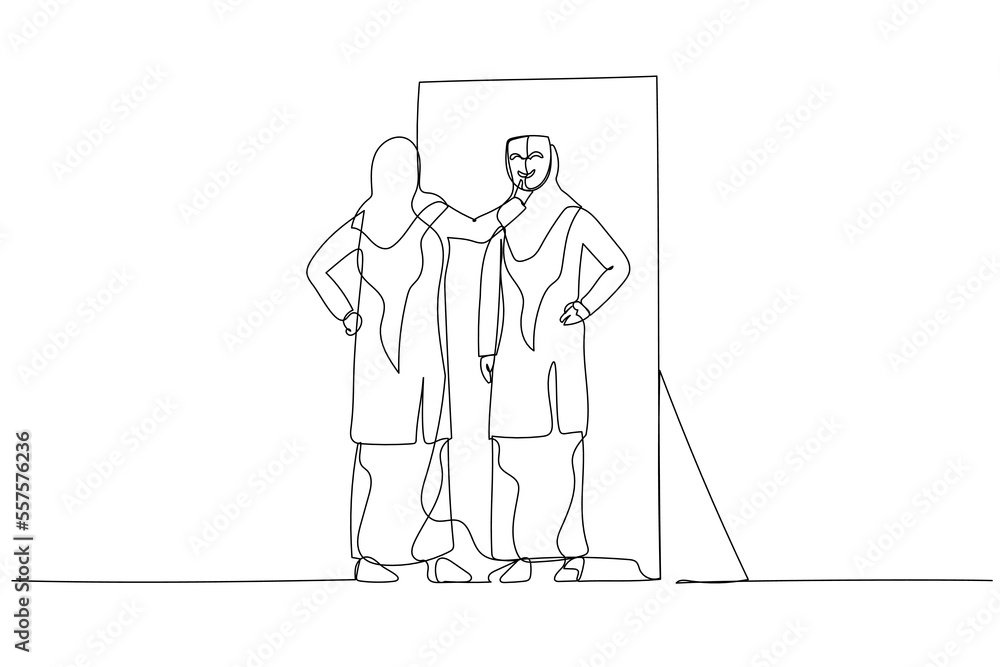 Drawing of woman wear hijab putting mask into self reflection concept of impostor syndrome. Continuous line art