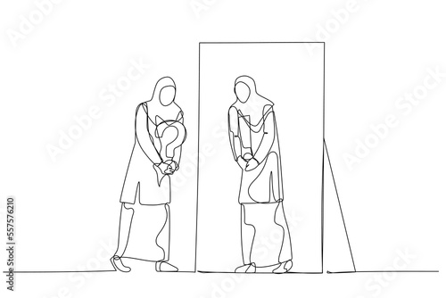 Drawing of woman wear hijab asking self and get answer after contemplating. Single continuous line art style