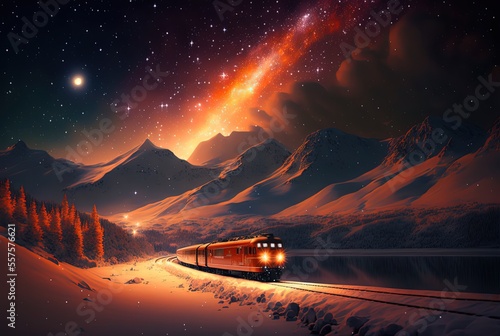 illustration of beautiful aurora on sky above the  high speed train on rail way © QuietWord