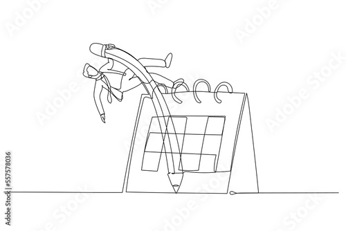 Cartoon of businessman using pencil pole vault jumping over calendar concept of flexible work. Single line art style