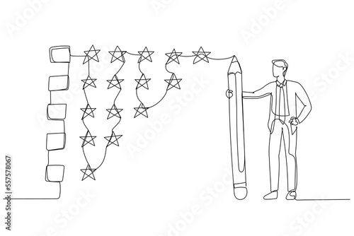 Cartoon of businessman holding pencil to evaluate star feedback concept of evaluation feedback. One line style art