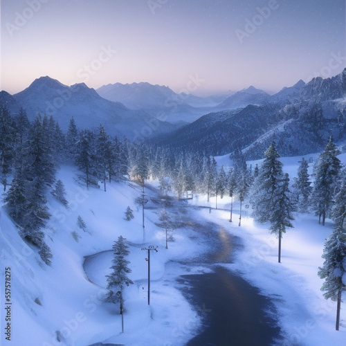 small town lights in the valley with starry sky over snow-covered mountains at night © Kuba