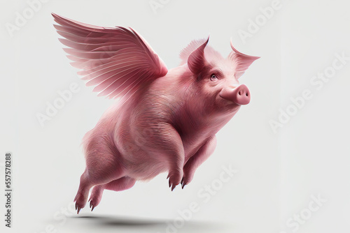 Pigs might fly a phrase used to express  disbelief isolated on a white background shown as a pink swine with wings flying, computer Generative AI stock illustration image