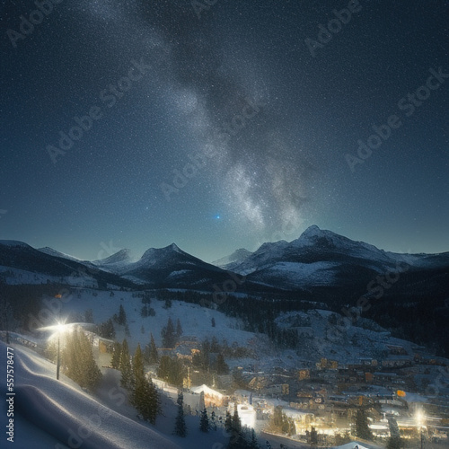 small town lights in the valley with starry sky over snow-covered mountains at night