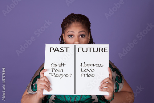 Beautiful plus-size black woman holding a sign under her nose showing negative to positive mindset changes. Self-improvement, self-esteem concept photo