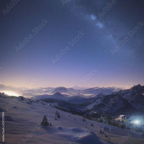 small town lights in the valley with starry sky over snow-covered mountains at night