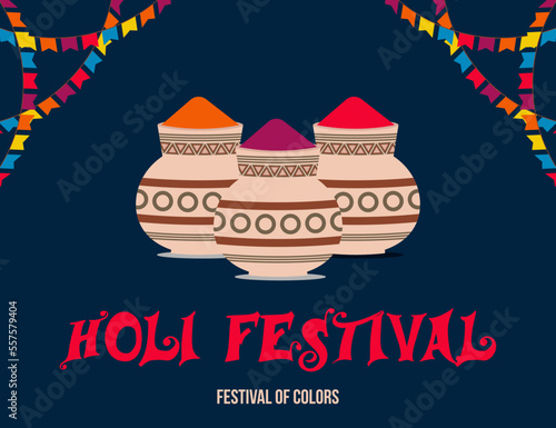 Holi festival. Happy Indian Hindu festival of colors Holi. background with colorful red  purple  orange powder. vector banner  poster  creative  flyer. Black background.